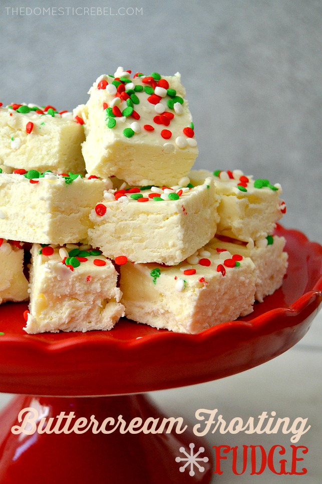 buttercream frosting fudge arranged in pile on red cake stand