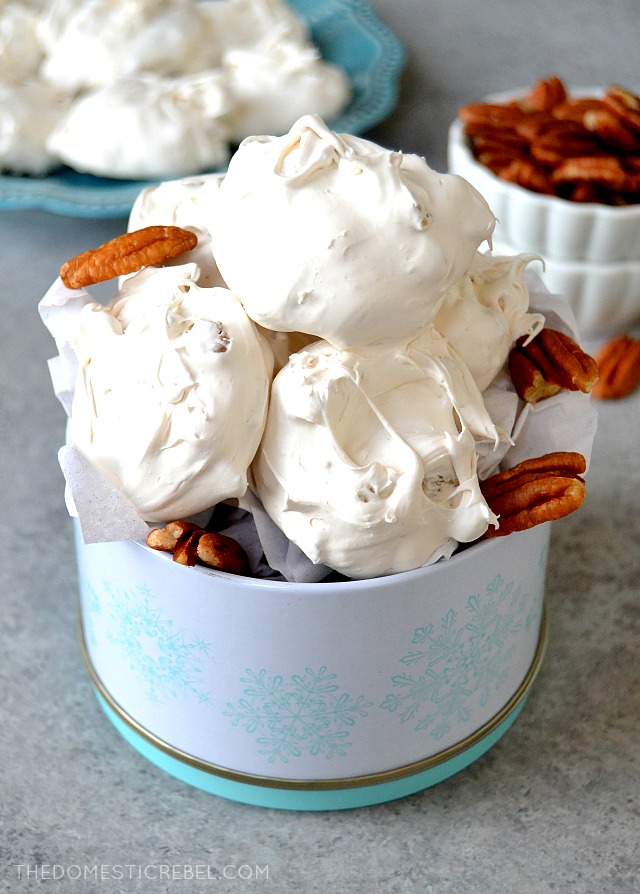 Divinity candy in white and blue dish with pecans