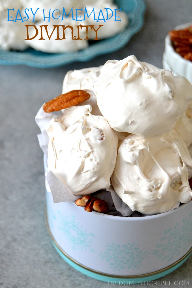 Divinity candy in white dish with pecans