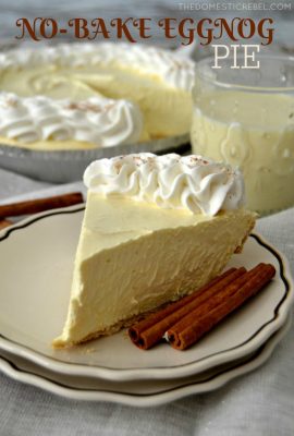 This No-Bake Eggnog Cream Pie is so perfect for the holidays! Creamy, smooth vanilla & nutmeg-flavored cream pie with a buttery graham cracker crust. Easy, impressive and a one of a kind dessert!