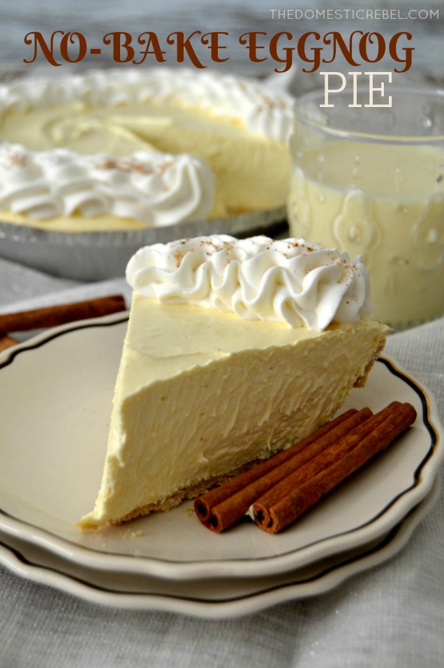 Eggnog Cream Pie on white plates with cinnamon sticks and eggnog in background