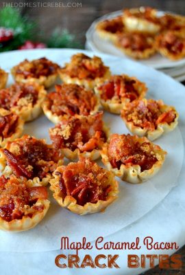 Maple Caramel Bacon Crack Bites: bite-sized morsels of heaven filled with crispy, smoky bacon, sweet brown sugar and sticky, syrupy maple syrup. Only four easy ingredients and it makes a TON. Easily doubled or tripled! A must-make!