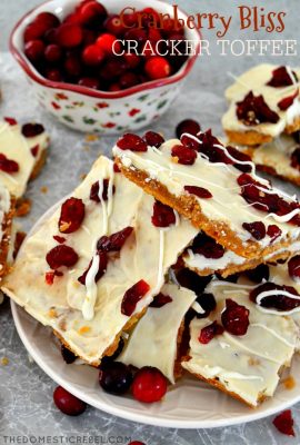 This Cranberry Bliss Cracker Toffee will be your new favorite holiday treat! Buttery, melt-in-your-mouth toffee made of club crackers and caramel, topped with creamy white chocolate and tart dried cranberries. Like Starbucks Cranberry Bliss Bars meets Christmas crack!