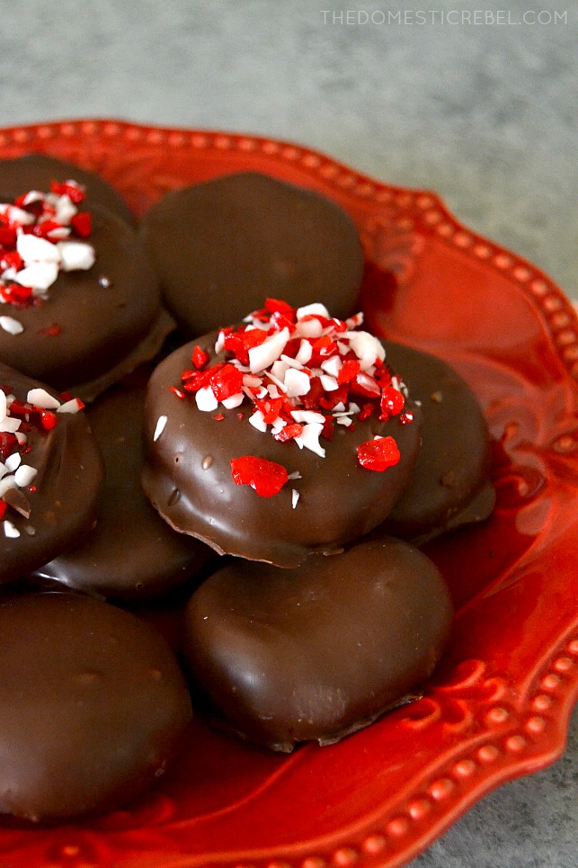 peppermint patties arranged on red plate