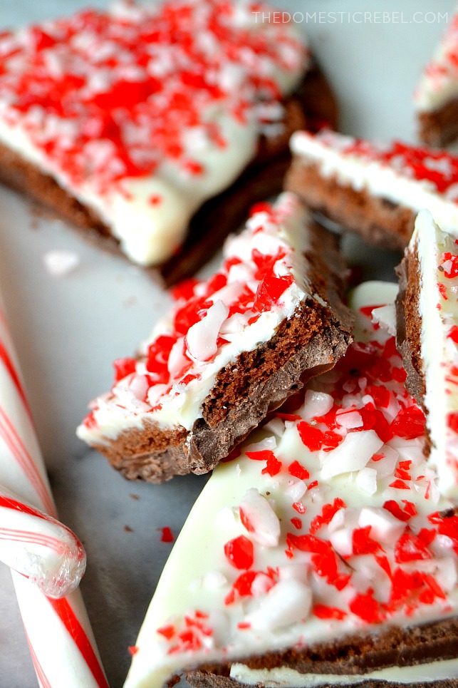 brownie brittle peppermint bark with bite missing on marble with candy canes