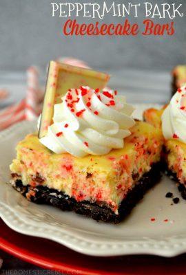 These Peppermint Bark Cheesecake Bars are a winter wonder! Easy, creamy cheesecake bars made with an Oreo cookie crust and topped with a deliciously smooth cheesecake studded with peppermint bark pieces. So fabulous and perfect for Christmas!