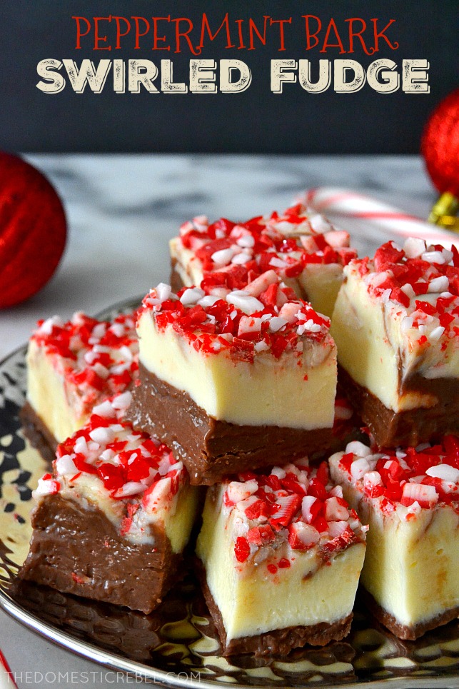 peppermint bark fudge on silver plate with red ornaments