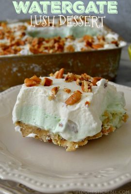 No-Bake Watergate Lush Dessert: pecan shortbread cookie crust, smooth & fluffy pistachio pudding, crushed pineapple, whipped cream and pecans combine to make this light, fluffy, EASY dessert!