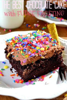 This truly is the BEST and most PERFECT Chocolate Cake with Fudge Frosting! So easy, impressive and quick to prepare. Fudgy, moist, fluffy cake with tender crumb and outrageous chocolate flavor topped with a homemade fudge frosting and sprinkles. Great for birthdays, holidays, or any occasion when you're craving chocolate!