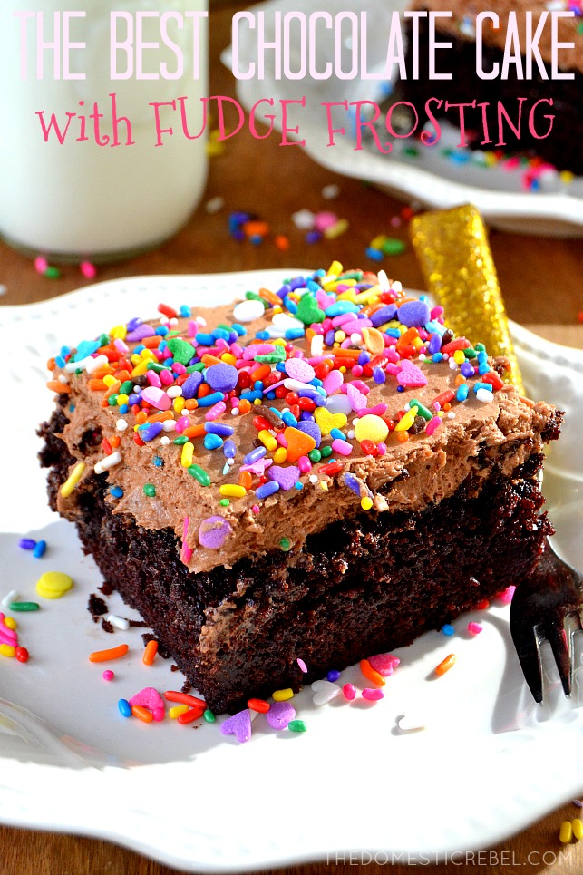 Photo of chocolate cake with multi-colored sprinkles, and the title of the recipe.