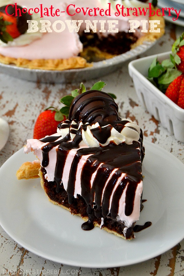 Slice of chocolate covered strawberry brownie pie.