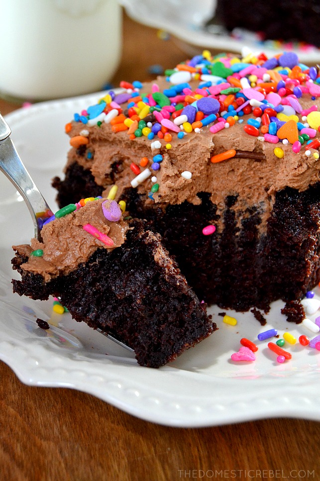 Slice of chocolate cake with a bite of it on a fork next to the slice.