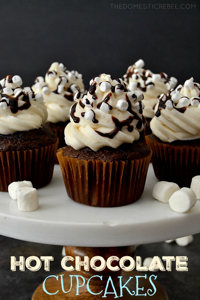 HOT CHOCOLATE CUPCAKES ARRANGED ON A CAKE STAND.