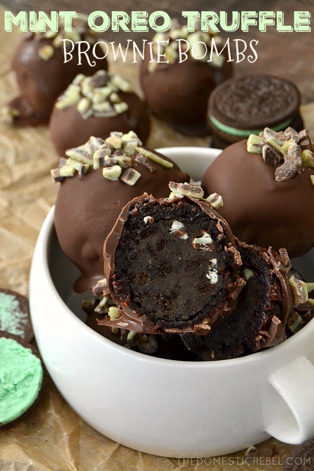 mint oreo truffle brownie bombs in white bowl on parchment