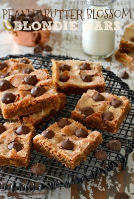 These Peanut Butter Blossom Blondies are fantastic! Fudgy, peanut buttery, brown sugar blondies topped with a crackly, crisp sugar topping and rich, melt in your mouth Hershey Kisses. Just like the cookies but so much easier!