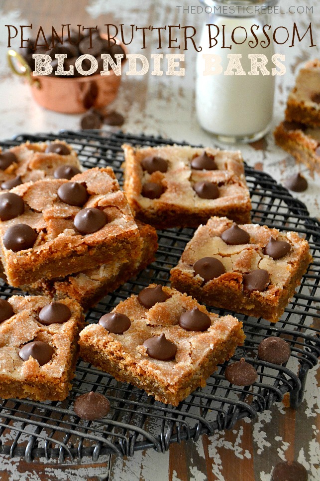 Picture of Peanut Butter Blossom Blondie Bars with the title written on the photo