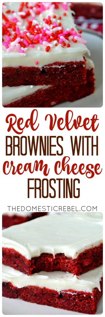 Recipe title ("Red velvet brownies with cream cheese frosting") and two pictures of the brownies.