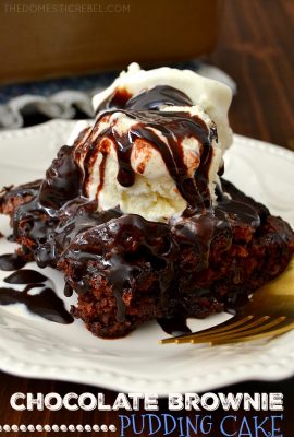 This CHOCOLATE BROWNIE PUDDING CAKE is a cross between a crisp brownie, a fluffy cake and a molten lava cake in ONE dessert! Easy, FAST and impressive, it makes its own decadently delicious chocolate sauce in the same pan AND it's under 200 calories a slice!