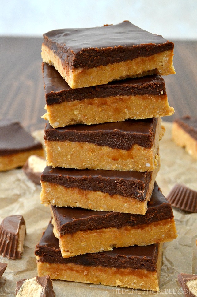 SIX REESES PEANUT BUTTER CUP BARS STACKED.