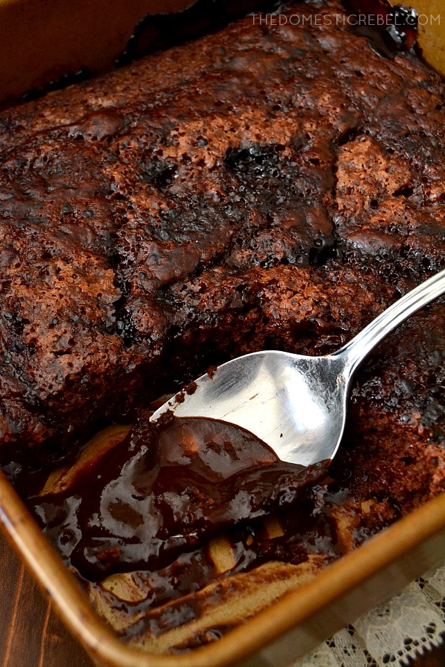 CHOCOLATE BROWNIE PUDDING CAKE UNFROSTED IN THE PAN.