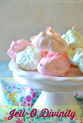 This EASY JELL-O DIVINITY is so simple to make with my step-by-step recipe! Fruity-flavored and pastel-colored divinity candy made with Jell-O. Light, surprisingly fudgy and nougat-y candy in flavors of the rainbow! Great for Easter, or springtime!