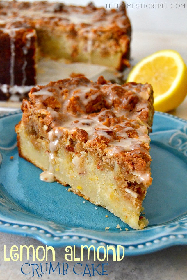 This Lemon Almond Crumb Cake is exceptional! Moist, buttery lemony cake topped with a butter, brown sugar & almond streusel. Perfect for breakfast, brunch or dessert!