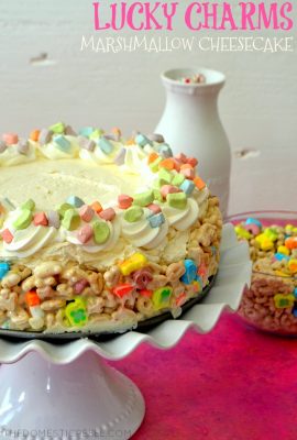 This No-Bake Lucky Charms Marshmallow Cheesecake is such a winner! Chewy, crunchy, gooey Lucky Charms cereal treat crust topped with a lusciously creamy & smooth marshmallow no-bake cheesecake. Perfect for kids and adults alike, and so easy to prepare!