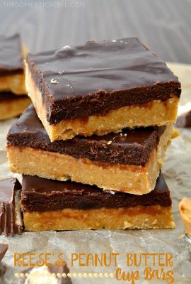 These REESE'S PEANUT BUTTER CUP BARS are heavenly homemade squares that taste JUST like deep-dish, ultra fudgy peanut butter cups. An easy, quick, and entirely no-bake dessert!