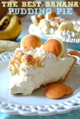 This is the BEST Banana Pudding Pie EVER! Promise :) Layers of sweet Nilla Wafers, fresh bananas, a creamy, smooth-as-silk banana pudding and homemade whipped cream come together in this easy, simple pie!