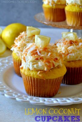These Lemon Coconut Cupcakes are some of the BEST cupcakes I've EVER had! Buttery, zesty lemon cakes are topped with a to-die for creamy & light coconut whipped frosting and toasted coconut. Easy, perfect for spring, and so fabulous!
