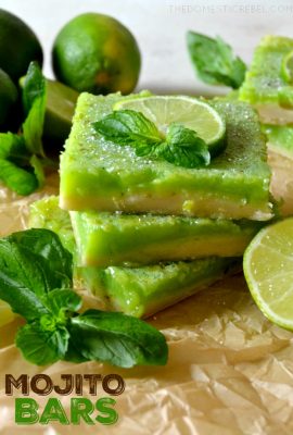 These MOJITO BARS are like classic lemon bars but with a lime & mint twist! A buttery shortbread crust topped with a fresh lime and rum-soaked mint curd, baked to perfection! Tastes JUST like a classic mojito, beach optional!