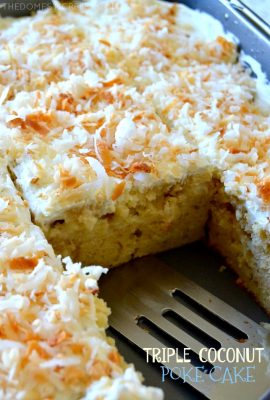 This TRIPLE COCONUT POKE CAKE is a coconut lover's dream come true! A moist, fluffy coconut cake soaked in cream of coconut & condensed milk and topped with a light & creamy whipped cream. So easy to prepare, a wonderful crowd-pleaser and great any time of year!