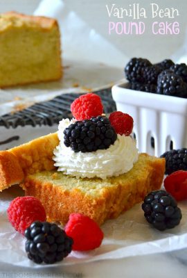 This Vanilla Bean Pound Cake is the BEST pound cake recipe! Moist, buttery, fluffy & tender pound cake swirled with fresh vanilla bean flecks for a super flavorful, outstandingly EASY cake recipe! Serve with fresh whipped cream & fruit or cube it for a trifle!