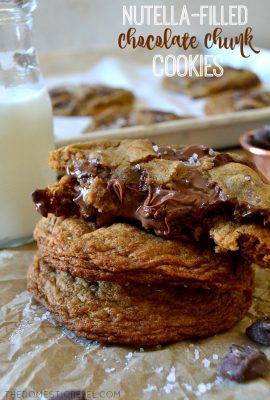 These Salted Nutella-Filled Chocolate Chunk Cookies are marvelous! Soft & chewy cookies with crisp outer edges and stuffed with chocolate chunks and a gooey, molten Nutella center. So easy and tasty!