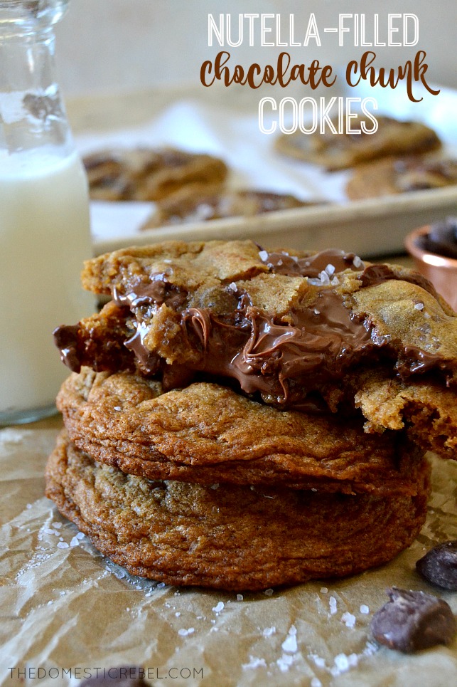 THREE STACKED NUTELLA FILLED CHOCOLATE CHUNK COOKIES