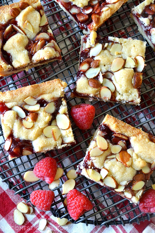 SEVERAL Raspberry Almond Linzer Shortbread Bars ARRANGED ON A COOLING RACK