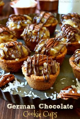 These German Chocolate Cookie Cups are crisp and chewy chocolate chip cookie cups filled & topped with a homemade buttery, gooey coconut pecan frosting and melted chocolate. So easy, perfect for a crowd and totally decadent!