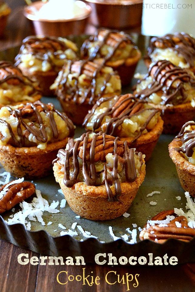 GERMAN CHOCOLATE COOKIE CUPS ARRANGED ON A DISH