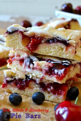 Red, White and Blueberry Pie Bars: similar to kuchen, these cake-like pie bars are swirled with cherry and blueberry pie filling and drizzled with a lemony glaze. So easy, feeds a crowd and makes a big batch, and perfect for summertime festivities!