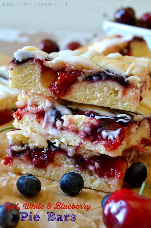 THREE RED, WHITE, AND BLUEBERRY PIE BARS STACKED