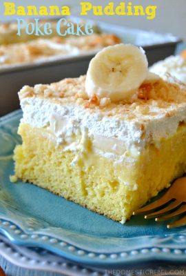 Banana Pudding Poke Cake: an easy yet impressive cake recipe featuring a moist and fluffy yellow cake topped with creamy, silky-smooth banana pudding, fresh bananas, and homemade whipped cream! Perfect for spring and summertime and it feeds a crowd!