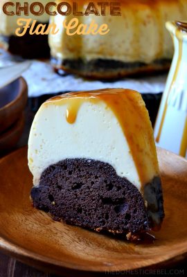 This Easy Homemade Chocolate Flan Cake combines flan and cake into one unique dessert mashup! A rich, moist chocolate cake bottom with a silky smooth, vanilla custard-like flan topping smothered with caramel sauce. A perfect, impressive dessert for any time!