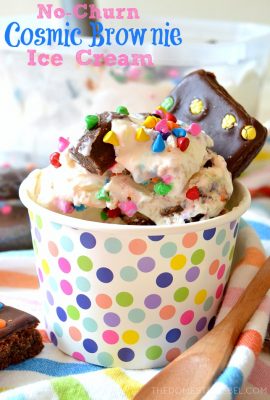 This No-Churn Cosmic Brownie Marshmallow Ice Cream is so fun and EASY! A vanilla and marshmallow fluff base is studded with fudgy Cosmic Brownie pieces and candy-coated sprinkles. Perfect for parties, hot summer days, and more and it's entirely no-churn!