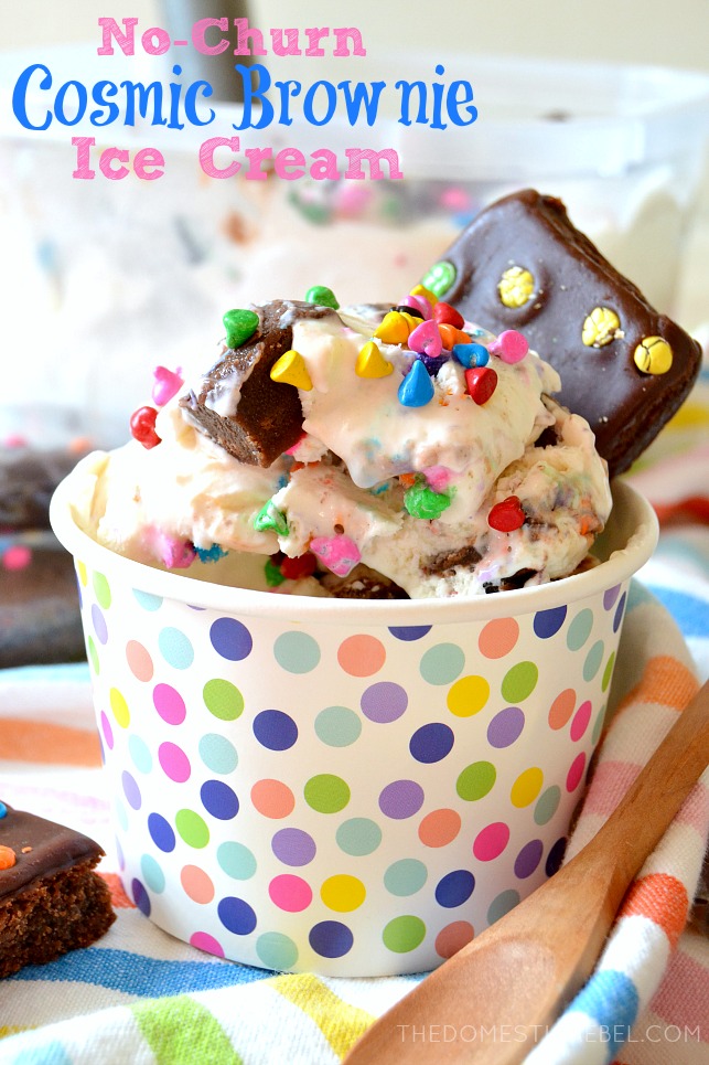 This No-Churn Cosmic Brownie Marshmallow Ice Cream is so fun and EASY! A vanilla and marshmallow fluff base is studded with fudgy Cosmic Brownie pieces and candy-coated sprinkles. Perfect for parties, hot summer days, and more and it's entirely no-churn!