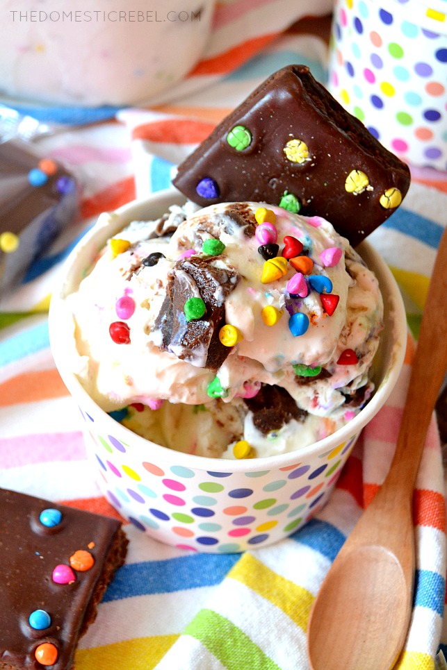 ICE CREAM IN A POLKA DOT BOWL WITH COSMIC BROWNIE SQUARES