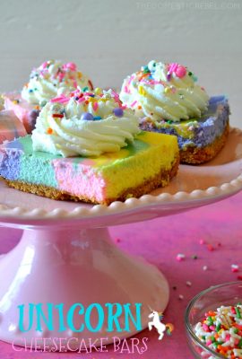 UNICORN Rainbow Cheesecake Bars are so much FUN and SO EASY to make - promise! Buttery graham cracker crust topped with a super light, fluffy and creamy vanilla rainbow cheesecake. A stunning, show-stopping dessert that feeds a crowd!