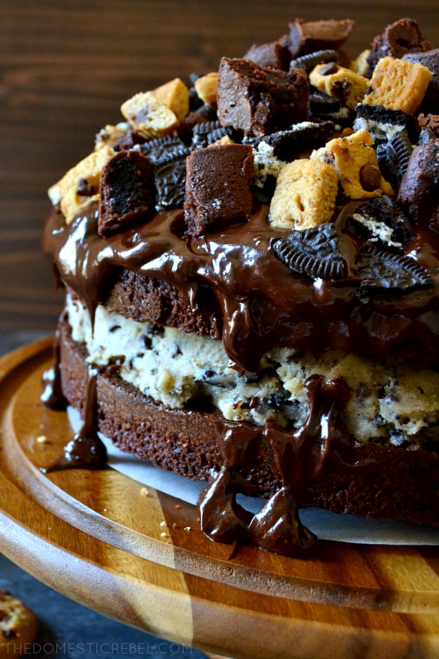 CLOSE UP SIDE VIEW OF WHOLE SLUTTY BROWNIE COOKIE DOUGH CAKE