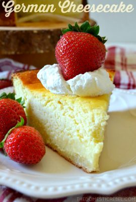 This is as authentic as it gets! German Cheesecake (AKA, Käsekuchen) flavored with vanilla and lemon. Light, airy, and fluffy, it's more delicate and less dense than American cheesecake due to a special cheese and fluffier batter. A must-make!