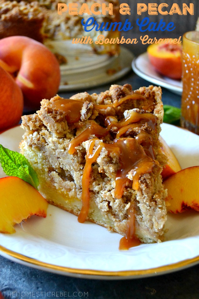 This Peach Pecan Crumb Cake with Bourbon Caramel is such a show-stopping dessert! A moist, fluffy vanilla cake studded with fresh, juicy peaches and topped with a sky-high pecan and brown sugar streusel! But the homemade bourbon caramel sauce sends it OVER the top!