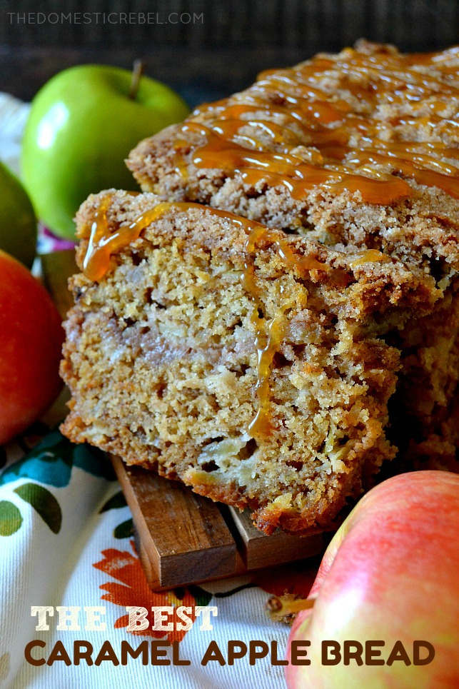 This is the BEST Caramel Apple Bread recipe! Moist, fluffy and tender cinnamon-spiced bread filled with chunks of apples, buttery caramel, and a brown sugar streusel ribbon. Super easy, totally unforgettable and perfect for using up apples!